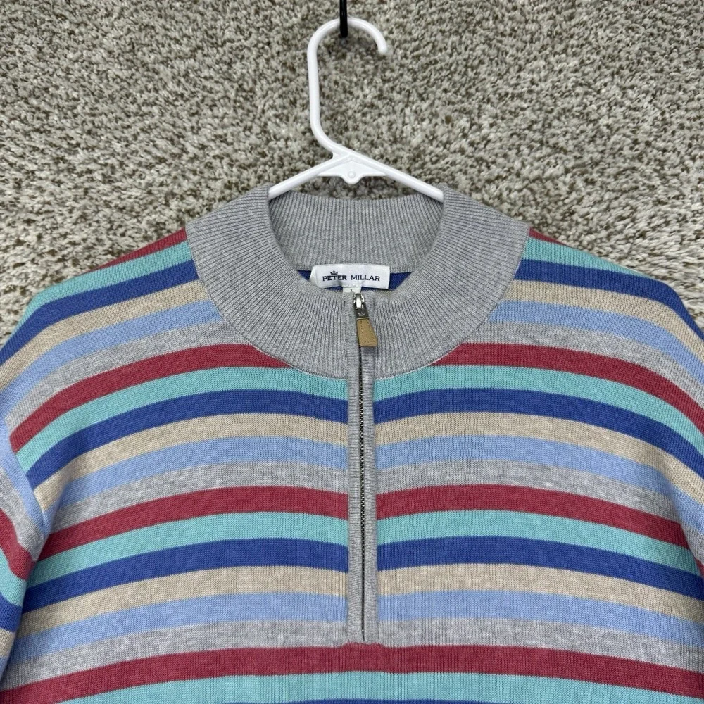 Peter Millar Sweater Men's Large Striped 1/4 Zip Pima Cotton Silk Cashmere Knit - Picture 4 of 15